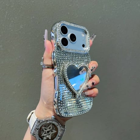 CUTECASE ハート型ミラーリングスタンド iPhone17/17proケース ジュエリーデコ iPhone16/15Pro/14Promaxカバー うねうねライン 高級感 便利CM6201