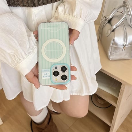 CUTECASE磁気二重層グリーンストライプフットボールネットブラケットiphone16PromaxケースiPhone16case C6031