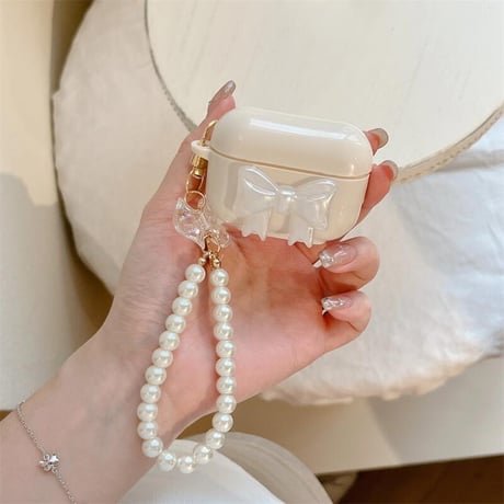 CUTECASE 立体リボン Airpods4ケース パールストラップ付 AirpodsPro2ケース airpods3/2カバー 高級感 淡色系 ベージュ色 CM5287