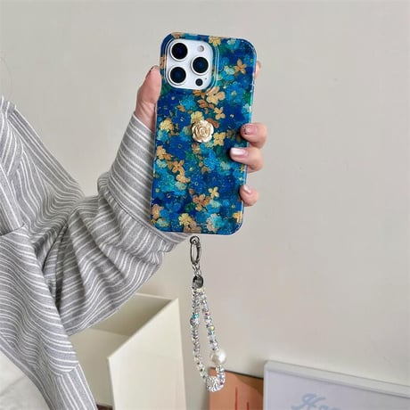 CUTECASE花柄 iphone16/16proケース ブルー iphone15pro/14/13proケース ジュエリーストラップ付 女子力高い CM5053