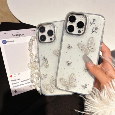 CUTECASEパール/ジュエリー蝶々 iPhone16/16Proケース ストラップ付 iPhone15Pro/14/13proカバー 華やか キラキラ 高品質 CM5150