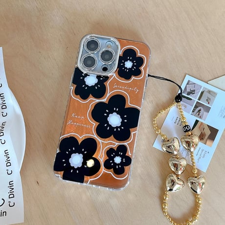 CUTECASEキラキラ花柄 iPhone15pro/15promaxケース ハートストラップ付 アイフォン14/13pro/12ケース ジュエリーデコ 高級感CM4067