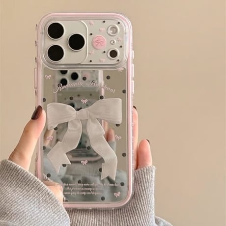 CUTECASEリボン柄ミラー iPhone17Pro/17ケース 2層構造 頑丈 iPhone17ProMax/16Pro/15カバー かわいい 女子力アップ CM6218