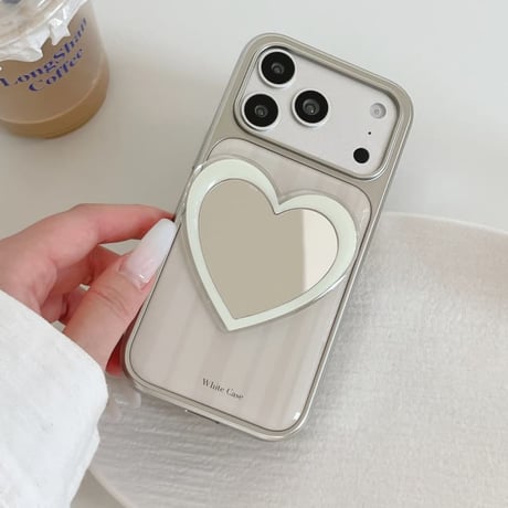 CUTECASE ハートミラー iPhone17Pro/17ケース ストライプ柄 iPhone16Pro/15/14ケース 淡色系 ガーリーファッションCM6264