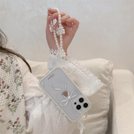 CUTECASE立体パールデコリボン iPhone16Pro/16ケース パールストラップ iPhone15Pro/14/13proカバー 大人可愛い 高級感 CM5205
