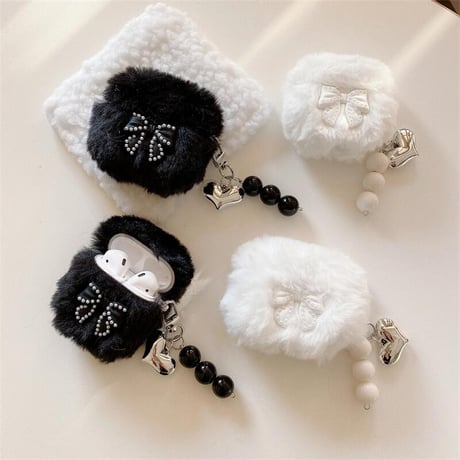 CUTECASEモフモフ Airpods 4ケース パールリボン Airpods3/2カバー Airpodspro2/pro ハートキーチェーン めっちゃ可愛いCM5003