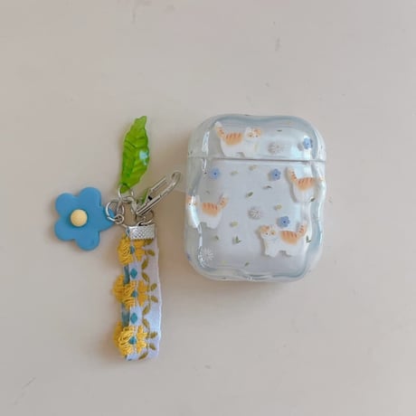 CUTECASE 猫ちゃん花柄 Airpods Pro3ケース 刺繍花のストラップ Airpods 4/3カバーケース AirpodsPro2/1 可愛い ギフトに合う CM6185