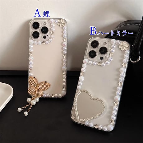 CUTECASEパールデコiPhone16pro/16ケース ハートミラー/蝶 iPhone15/14pro/13proクリアケース 女子力高い 可愛い CM5113