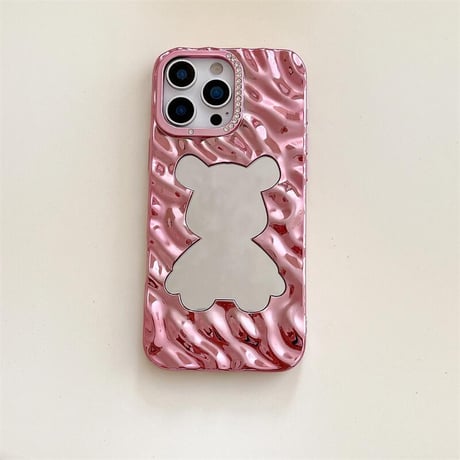 CUTECASE クマちゃんミラー iPhone17/16proケース ジュエリーデコ 波紋 iPhone15pro/14/13カバー メイク直し 可愛いCM5591