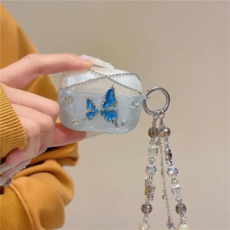 CUTECASEダイヤデコ Airpods 4ケース ブルー蝶 Airpods3/Pro2ケース airpodsproカバー 上品ストラップ付 高級感高品質CM5156
