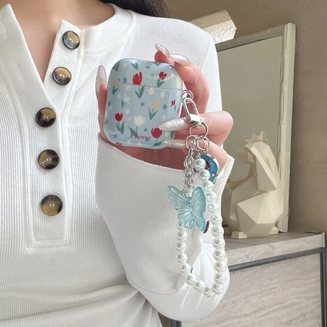 CUTECASE 花柄 Airpods Pro3ケース 蝶パールストラップ Airpods 4/3カバー AirpodsPro2/1 存在感ある 春コーデ CM6134