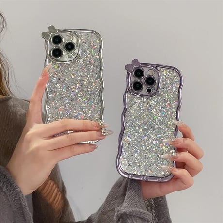 CUTECASEうねうねキラキラ iPhone16/16Proケース リボンデコ iPhone15Pro/14/13カバー グリッター入り 女子力UP CM4788