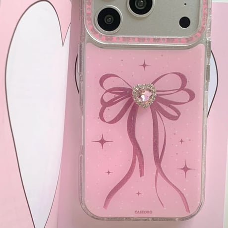 CUTECASE ピンクハートダイヤ iPhone17Pro/17ケース リボン柄 iPhone17Promax/16Pro/15ケース キラキラ かわいいCM6141