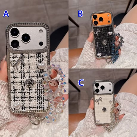 CUTECASEツイード生地 iPhone17Promaxケースジュエリーライン リボン/パール iPhone17pro/15/14カバー キラキラストラップ付 CM5830