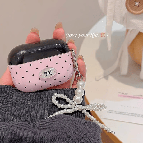 CUTECASEAirpods 4ケース 水玉模様 パールリボンキーチェーン Airpods3/Pro2ケース airpodspro2カバー ピンク 女子力高い 大人可愛いCM5215