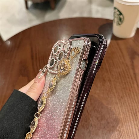 CUTECASEビジュー iPhone16/16proケース ハートダイヤチェーン iPhone14Pro/13/12proカバー キラキラ 女子力高い CM4634