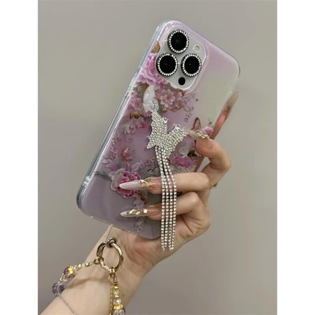 CUTECASEフリンジ付蝶 iPhone16/16proケース ダイヤデコ エレガント iPhone15pro/14/13proカバー 可愛いストラップ おしゃれ CM5414