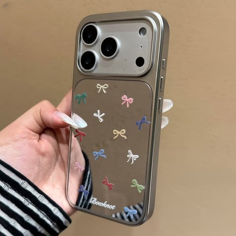 CUTECASE ミラー iPhone17/17Proケース リボン柄 iPhone16ProMax/15Pro/14/13 大人可愛い 頑丈 メッキCM5878