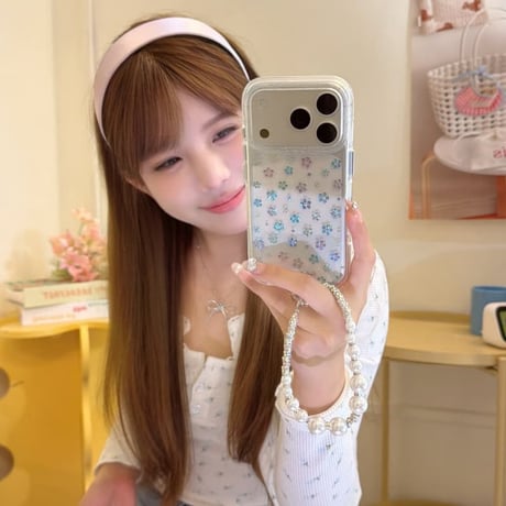 CUTECASE キラキラ花 iPhone17pro/17ケース ラメ入り iPhone16/15proケース 可愛いパールストラップ 女子力高いCM6160