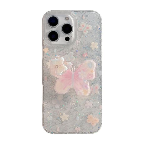 CUTECASE 蝶グリップ iPhone16pro/16ケース グリッター入り iPhone15promax/14pro/13/12カバー スタンド付 人気アイテムCM5270