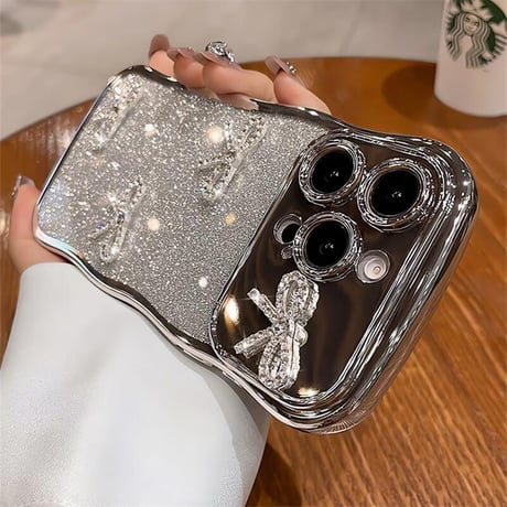 CUTECASEダイヤリボン iPhone16/16Proケース うねうねライン ラメ iPhone15pro/14/13Promaxカバー 綺麗 艶感CM5515