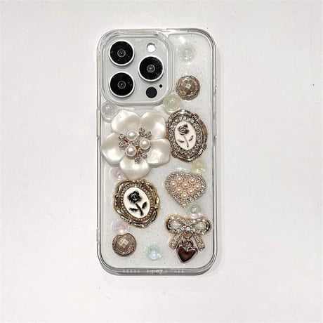 CUTECASE春夏 iPhone16pro/16 パール花 豪華 iPhone15pro/14/13カバー おしゃれ 可愛い ガーリーファッション CM5126