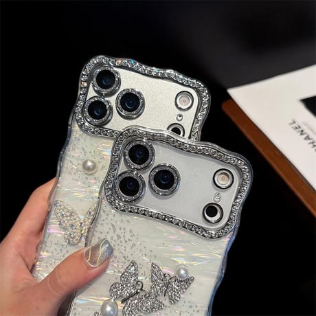 CUTECASEジュエリーカメラカバー iPhone17Pro/17ProMaxケース 蝶々デコ iPhone17/Airカバー シェル風 キラキラ うねうね CM5735