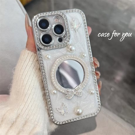 CUTECASE パールリボンミラー iPhone16/17proケース セレブ愛用エレガント iPhone15promax/14/13proカバー ジュエリーデコ ガールズファッション CM5636