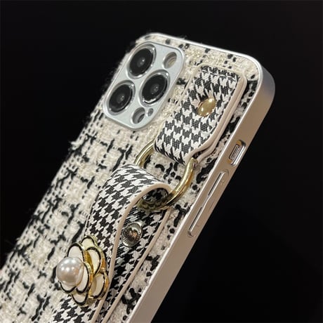 CUTECASEファッションクラシックなデザイン千鳥格子カメリアリストバンドiPhone15Promax電話ケースC5066
