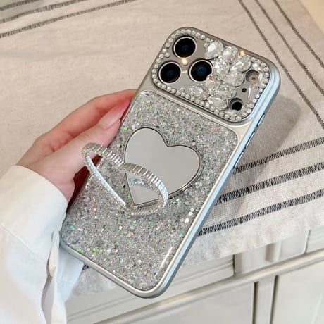 CUTECASE ハート型ミラーリングスタンド iPhone17Pro/17ケース ダイヤデコ iPhone16Pro/15/14ケース キラキラ感 可愛い 美しいCM6267