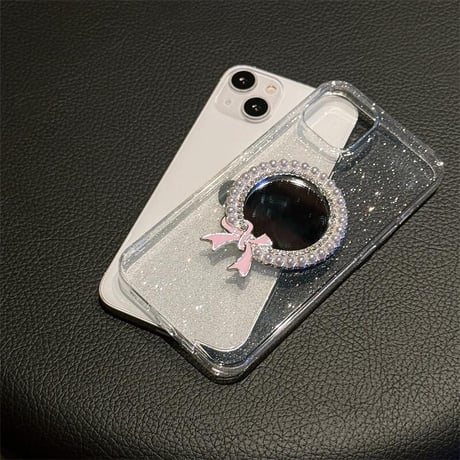 CUTECASE パール鏡付 iPhone15pro/15promaxケース キラキララメ入り iPhone14pro/13promaxケース 黄ばまない 可愛い C4264