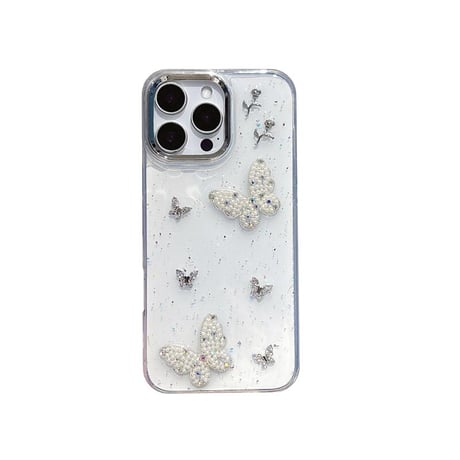 CUTECASEパール/ジュエリー蝶々 iPhone16/16Proケース ストラップ付 iPhone15Pro/14/13proカバー 華やか キラキラ 高品質 CM5150