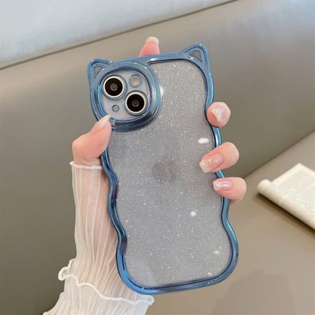 CUTECASE 猫の耳iPhone17Promaxケースラメ入りシール付き アイフォン16/15pro/14/13カバー オシャレ 可愛いうねうね メッキ CM2403