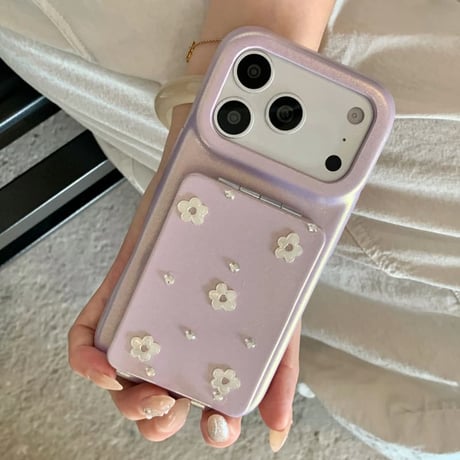 CUTECASE ダブルミラースタンド付 iPhone17Promaxケース 花とダイヤデコ iPhone16Promax/15pro/14Proケース 上品 高品質CM6376