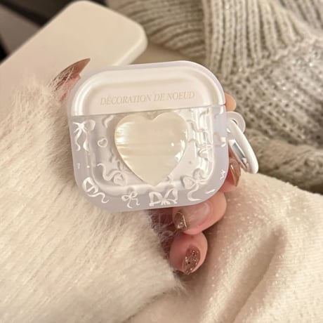 CUTECASE シェル風ハート Airpods Pro3ケース リボン柄 Airpods 4/3カバーケース AirpodsPro2/1 キラキラ感 オシャレホワイト CM6187