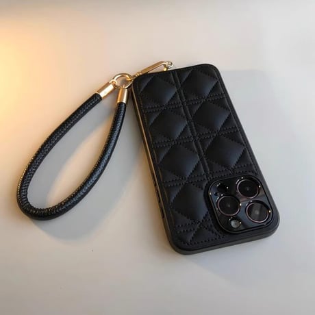 CUTECASEレザー菱形キルティング iPhone16/16Proケース ストラップ付 カメラ保護 iPhone15pro/14Proカバー エレガント 耐衝撃加工CM5004