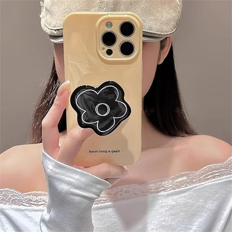 CUTECASE 韓国風 アイフォン15/15proケース 花グリップ付 iPhone14pro/13/12カバー かわいい 艶感CM4420