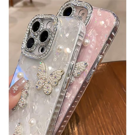 CUTECASE ジュエリー/パールデコ iPhone17/16promaxカバー 蝶々 カメラカバー iPhone15/14/13ケース 綺麗ストラップ キラキラハート入りシェル柄CM5590