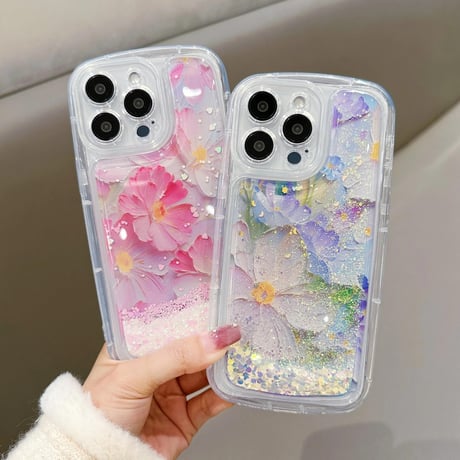 CUTECASE動くグリッター iPhone15pro/15promaxケース 花柄 綺麗iphone14/13/12proカバー クリアケース お洒落 ストレス解消CM4064