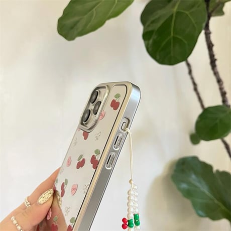 CUTECASEサクランボ 鏡 iPhone15/15proケース パールストラップ付 アイフォン14/13pro/12ケース かわいい 夏に人気CM4389