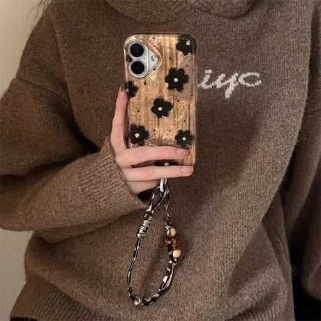 CUTECASE花柄 iPhone16/16Proケース シックなストラップ iPhone15プロ/14/13proカバー 秋冬に流行 トレンドファッション CM4871