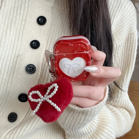 CUTECASE ハート形とリボン柄 AirPods Pro 3ケース ワインレッド 毛玉キーホルダー Airpods 4/3ケース AirpodsPro2カバー パール 女子力アップCM5997
