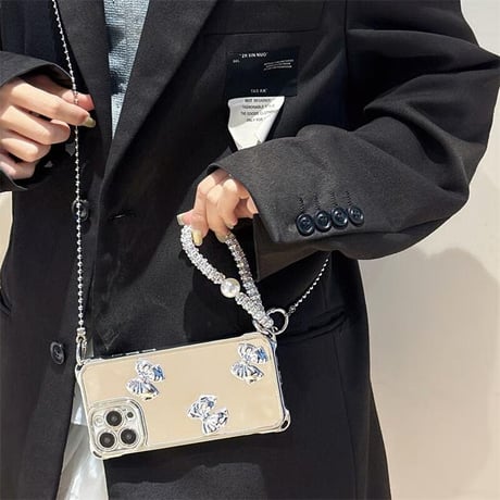 CUTECASE リボン付鏡 iPhone16/16proケース バックチャーム/ショルダーストラップ付 iPhone15pro/14/13カバー 人気アイテムCM5427