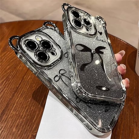 CUTECASE耳付 リボン柄 iPhone15Pro/15カバー キラキラインナーシート付 透明アイフォン14pro/13ケース チェーン付CM4422