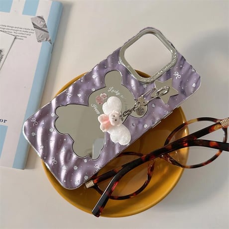 CUTECASE熊ちゃんミラー iPhone16/16proケース 可愛いバックチャーム付 iPhone15pro/14pro/13カバー 艶感 可愛い CM5419
