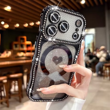 うねうねジュエリーライン iPhone17Pro/17ケース MagSafe対応 ハート柄 iPhone16/15/14ケース ラグジュアリー感 メタリックカラー レンズ保護CM6311