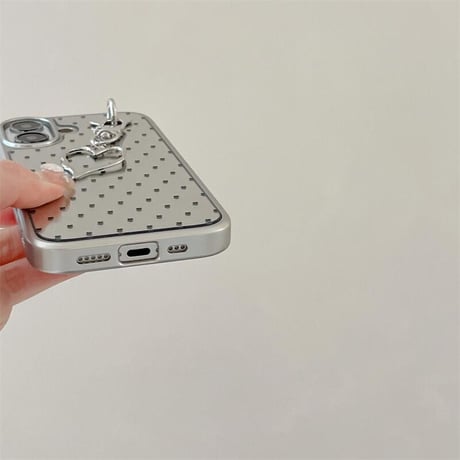 CUTECASEハート柄 ミラーiPhone16pro/16ケース ハートチャーム iphone15pro/14/13proカバー 大人可愛い シルバーCM5172