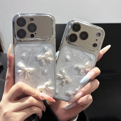 CUTECASE メッキミラー iPhone17Promaxケース リボンと真珠 iPhone17Pro/15Pro/14/13ケース 丈夫 人気デザインCM6484