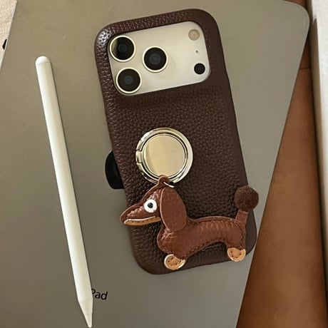 CUTECASE 犬ちゃんリング付 iPhone17Pro/17ケース 高級感 レザー製 iPhone17promax/16pro/15カバー 上品 便利 可愛い スタンド CM5932