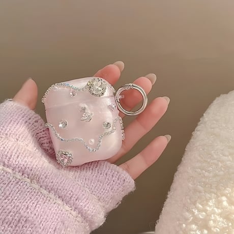 CUTECASE ダイヤデコ Airpods 4ケース ピンクシェル風 Airpods3/Pro2ケース airpodsproカバー ストラップ付 上品 高級感高品質CM5098